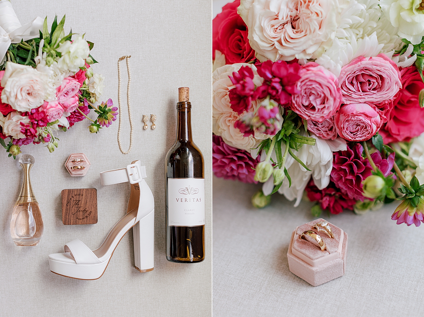Side-by-side image of wedding detail flat lay and a ring box with rings next to a colorful wedding bouquet | Image by Hope Helmuth Photography