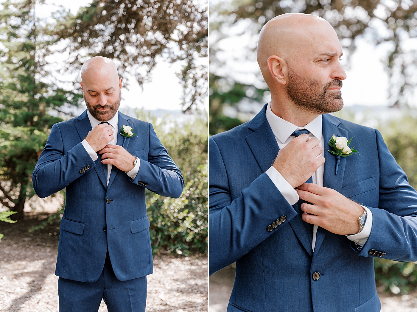 Side by side images of groom in navy suit adjusting his tie looking down and then away from the camera | Image by Hope Helmuth Photography