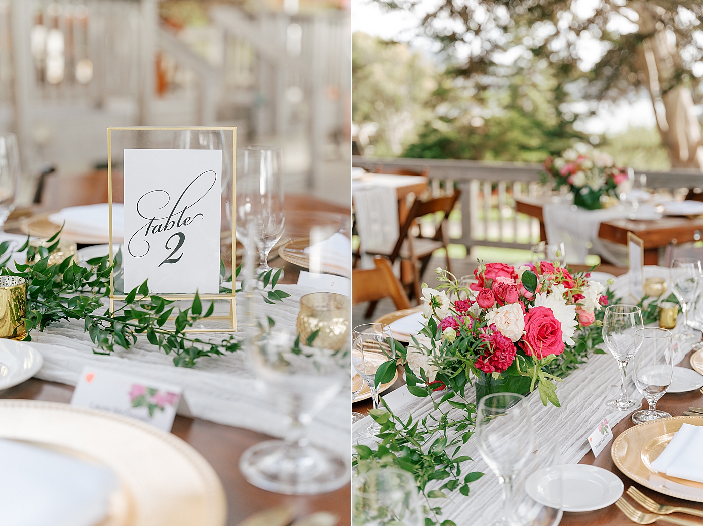 Detail of a wooden wedding dinner table with a white table runner, greenery, gold and glass table number, and a bright floral centerpiece | Image by San Diego Wedding Photographer Hope Helmuth