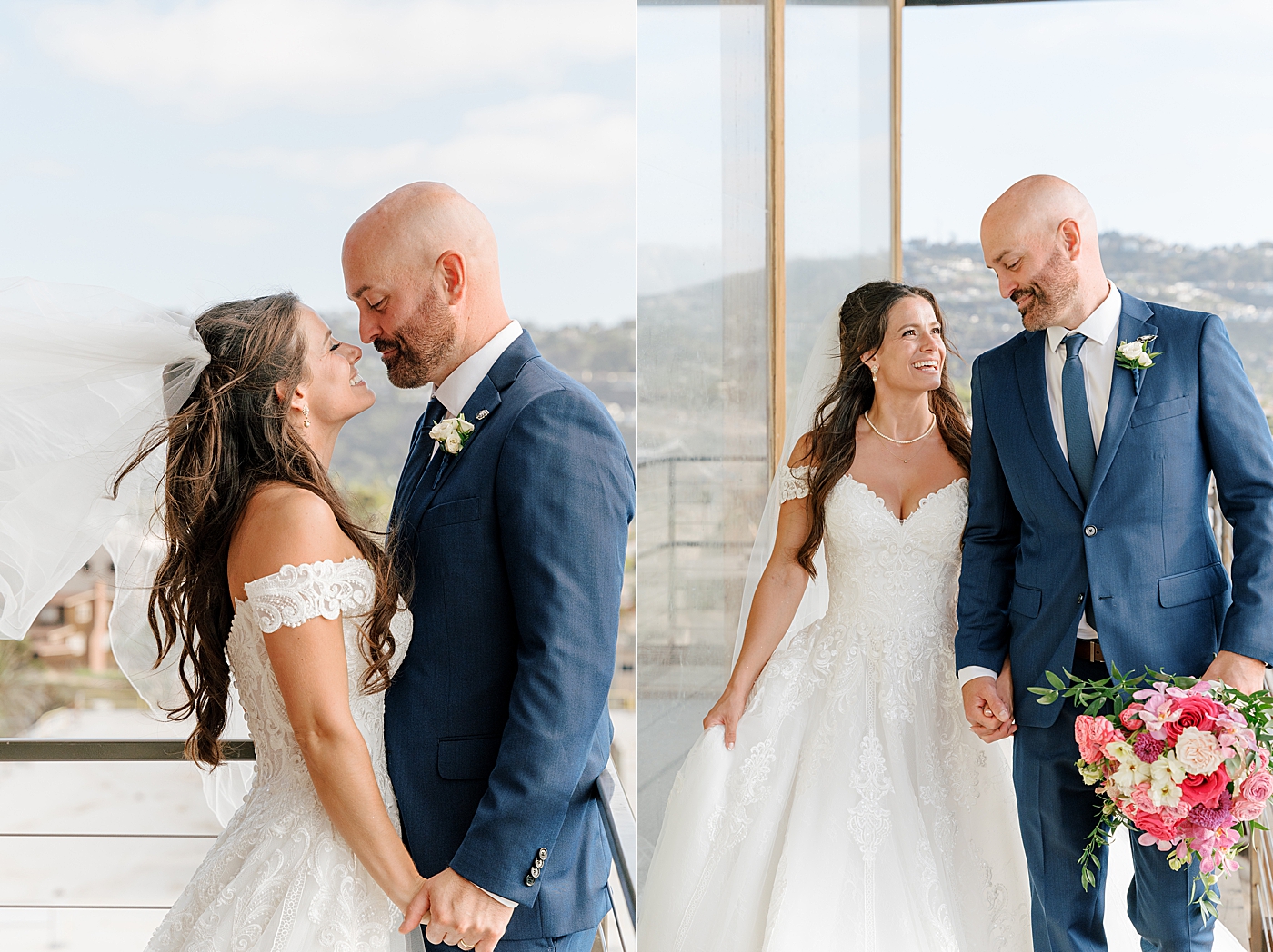 Two vignettes of a groom in navy suit and bride in wedding dress. One of the two standing closely and smiling at each other and the other of the two holding hands and walking towards the camera on a wooden balcony that overlooks a tropical, sunny city | Image by Hope Helmuth Photography