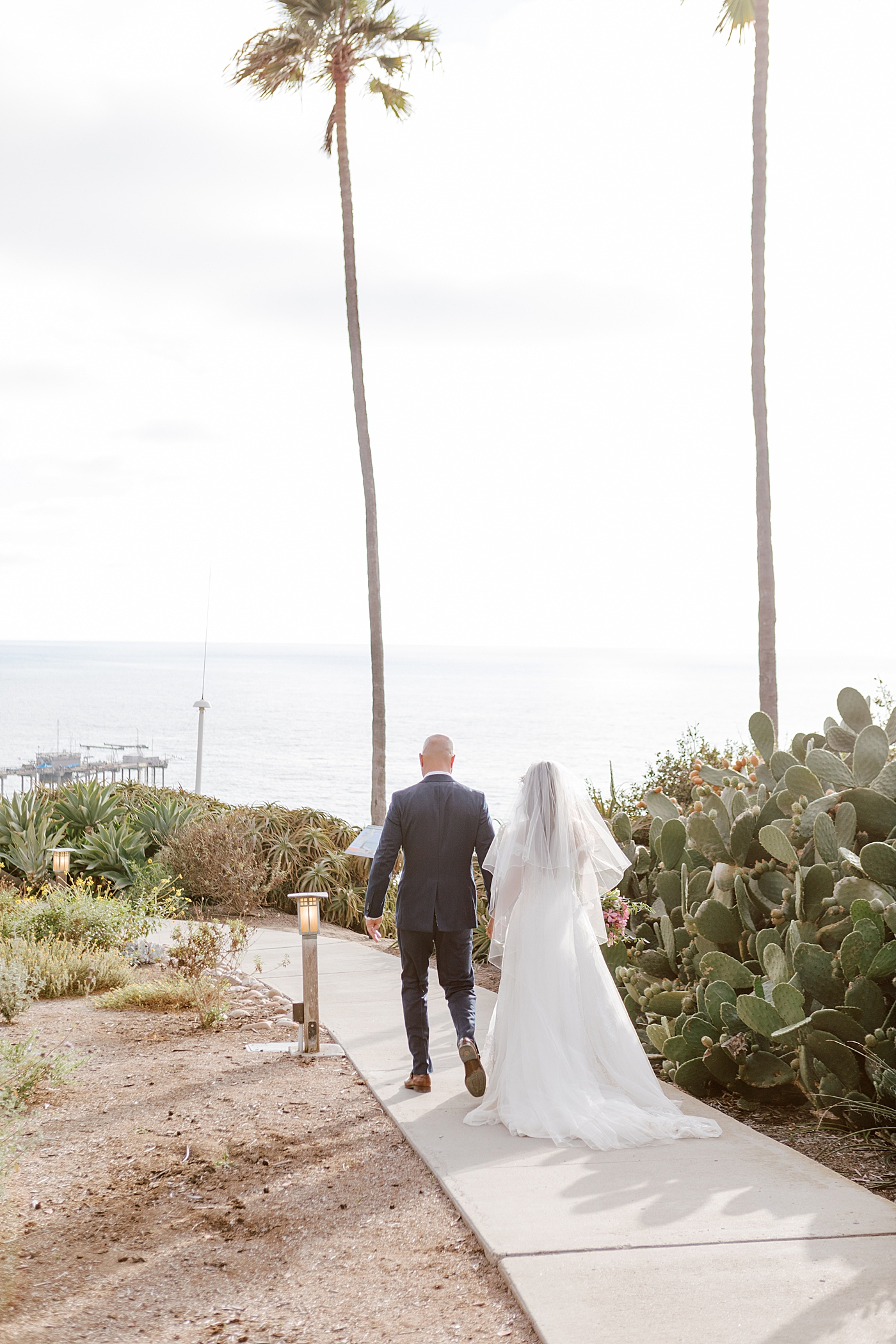 Groom in navy suit and bride in wedding dress holding hands while walking away from the camera on a seaside path | Image by San Diego Wedding Photographer Hope Helmuth