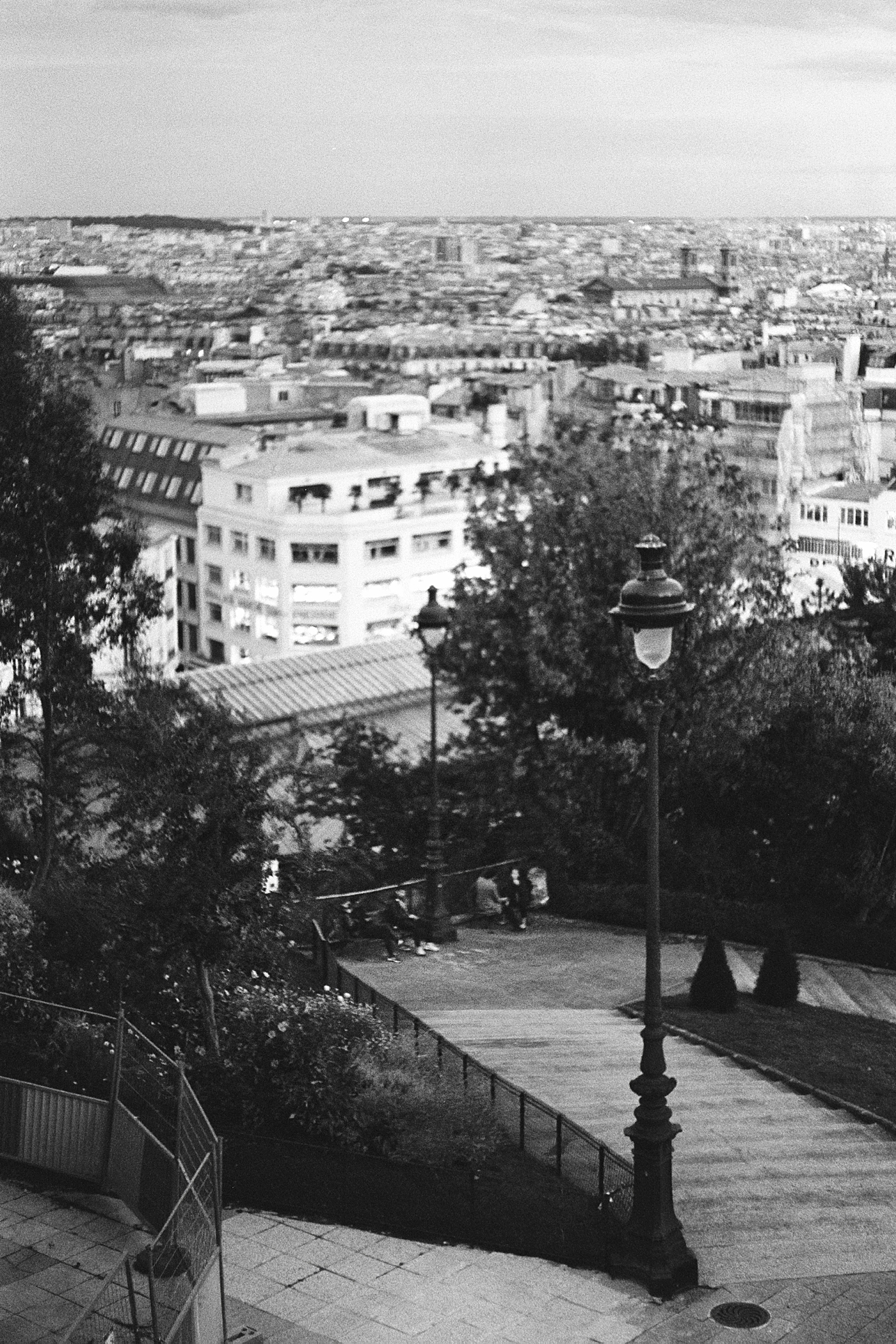Black and white photo looking at the city of Paris from a hill with stairs and a street lamp | Image by Hope Helmuth Photography