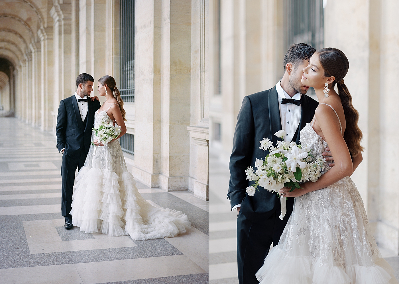 Side-by-side images of a bride and groom standing in the outside hallway of the Louvre with a bouquet | Image by Hope Helmuth Photography
