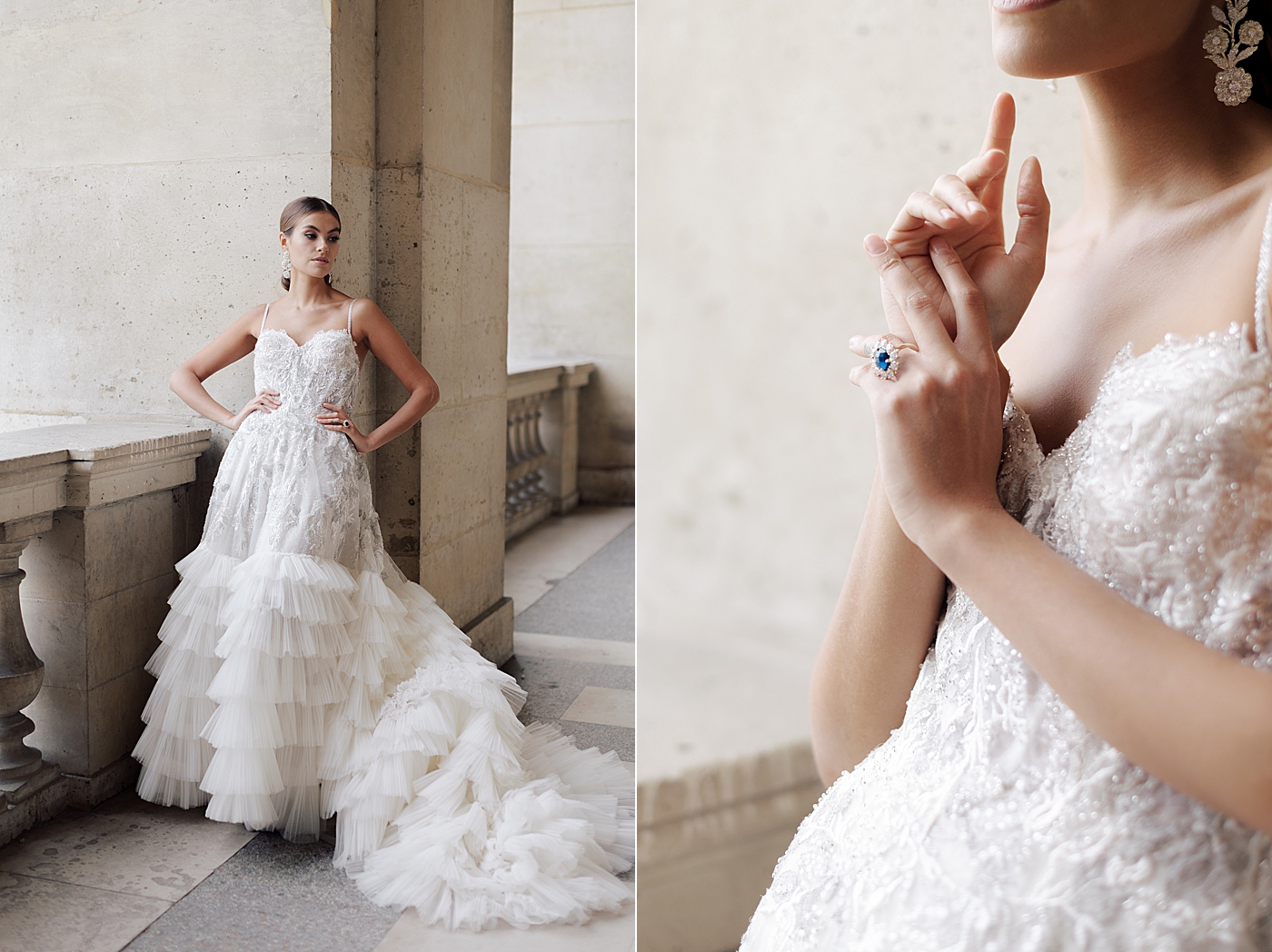 Side by side images of a bride in a wedding dress posing against a concrete pillar with engagement ring details | Image by Hope Helmuth Photography