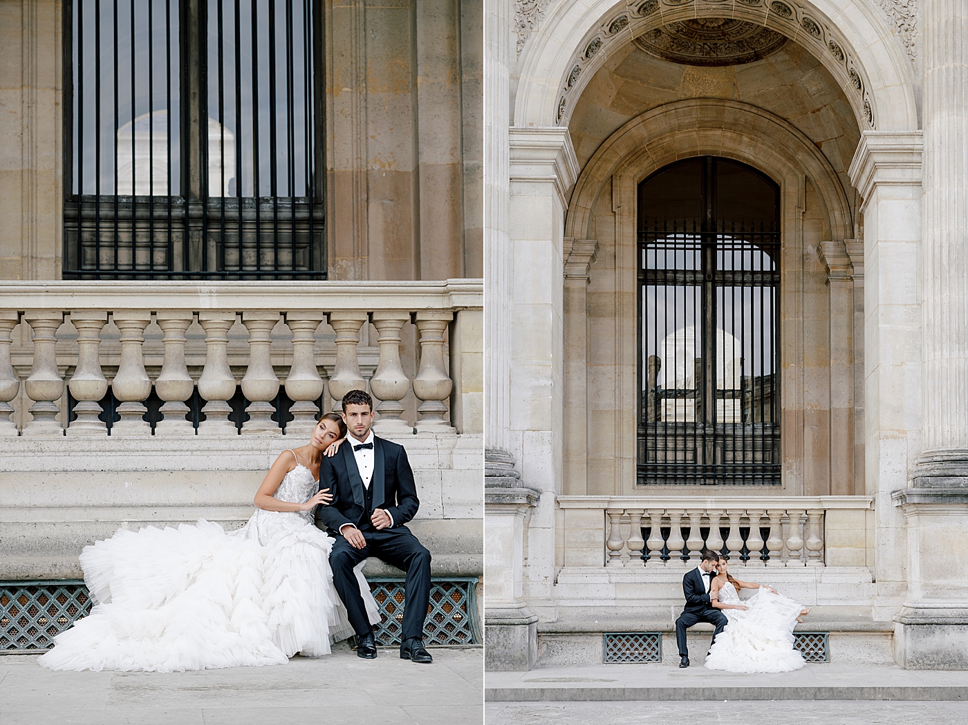 Two side-by-side images of a bride and groom sitting together on a concrete bench | Image by Hope Helmuth Photography