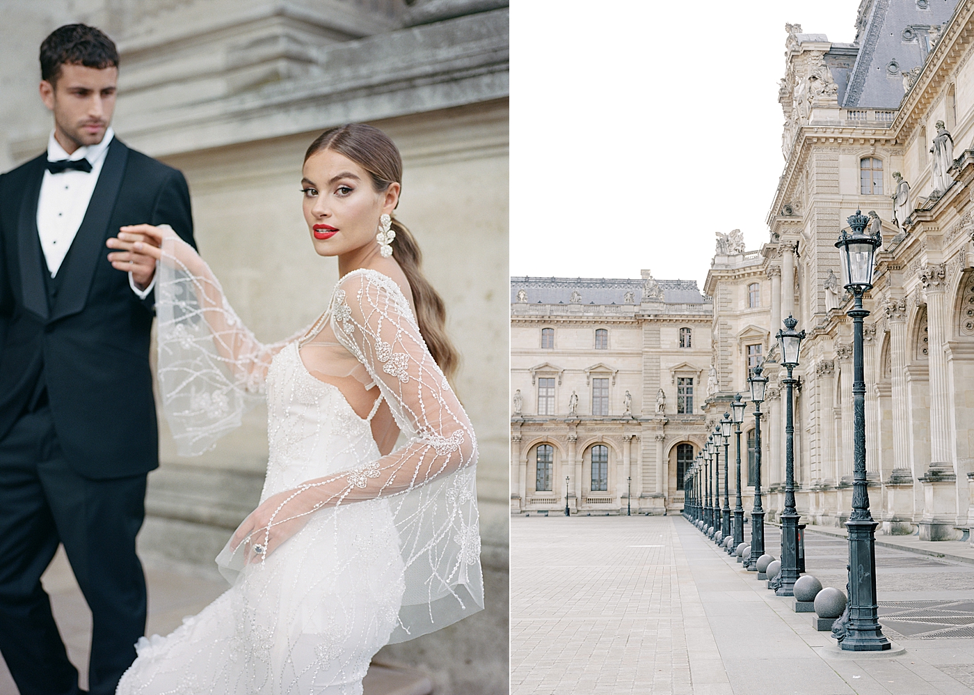 Two images side-by-side. One of a bride and groom walking and another of the light posts outside of the Louvre. during Paris Elopement | Image by Hope Helmuth Photography