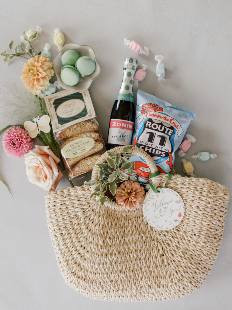 Thoughtful guest welcome bag with locally sourced treats for a luxury destination wedding weekend