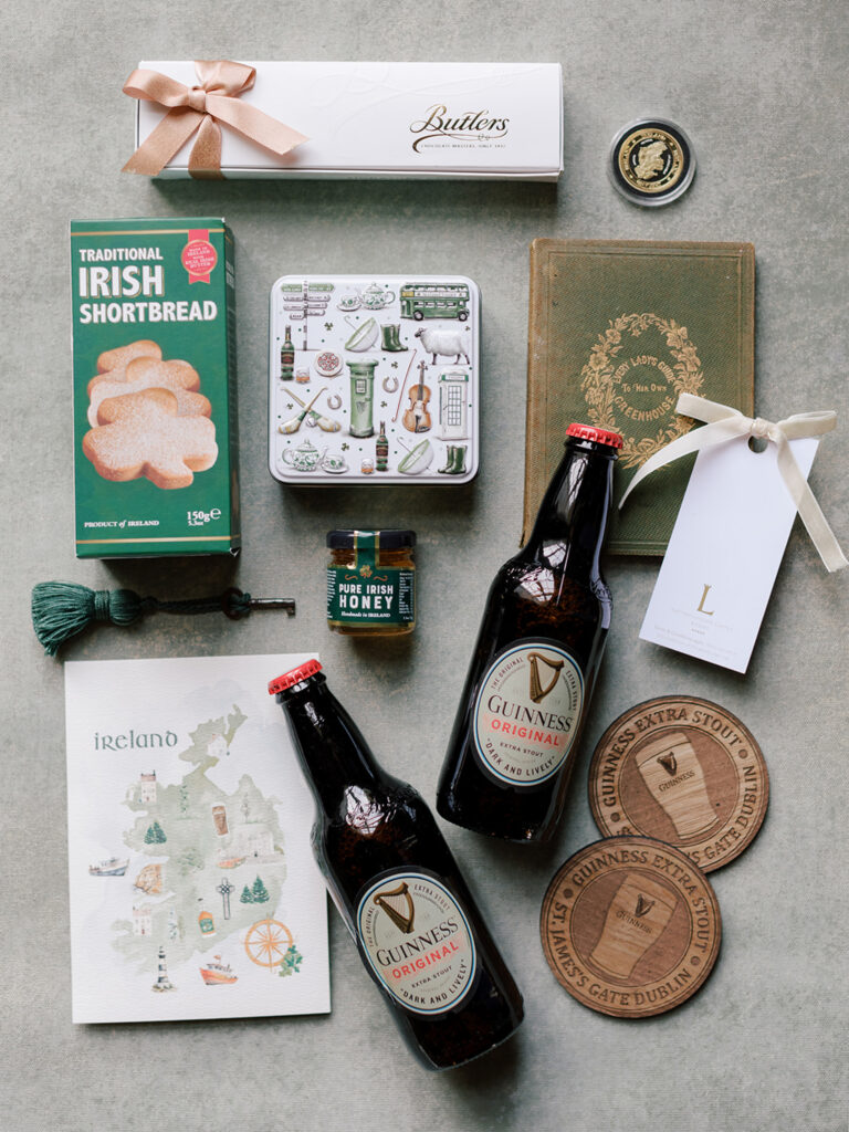 Welcome bag with locally made Irish treats for guests attending a luxury destination wedding in Ireland