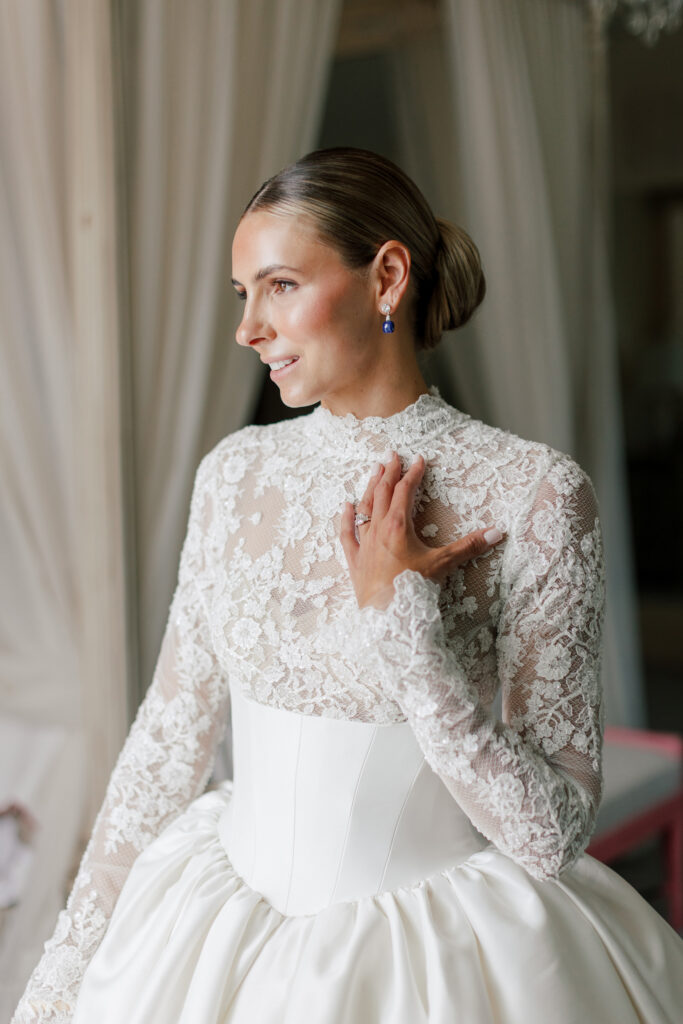 Classic-Waterfront-Tented-Wedding-hope-helmuth-10 high fashion bridal gown with lac and long sleeves