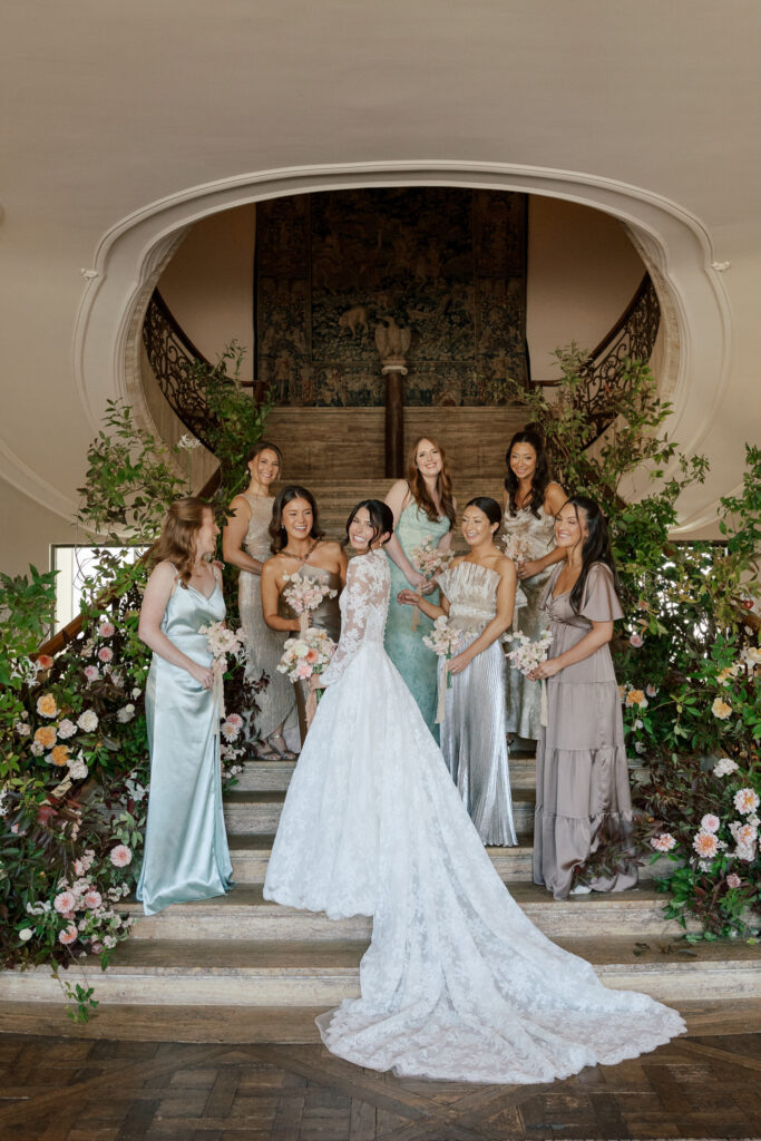 fall bridesmaids fashion lace gown garden florals